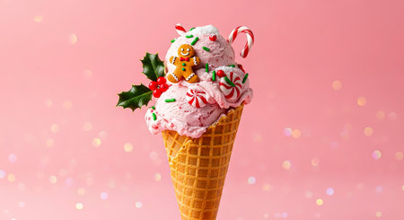 Strawberry Christmas Ice Cream Cone With Gingerbread Man On Pink Bokeh Background.の素材