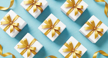 Pattern of White Gift Boxes with Golden Ribbons on A Blue Knitted Fabric Backgroundの素材