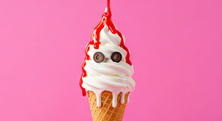 Spooky Soft Serve Ice Cream Ghost With Bloody Syrup On Bright Pink Background.の素材