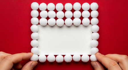 Female Hands Holding Blank White Card with Fluffy Pom Poms on Red Backgroundの素材