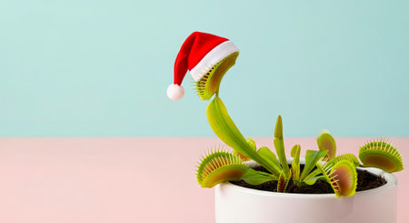 Funny Venus Flytrap Plant Wearing Santa Hat on Pastel Blue and Pink Background.の素材