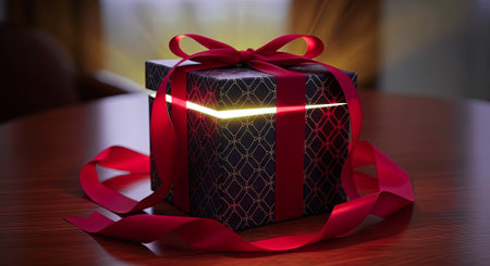 Magical Luxury Gift Box with Red Ribbon Glowing from Inside on Wooden Tableの素材