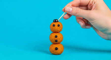 Female Hand Making A Creative Edible Snowman From Fried Cheese Balls On Blue Background.の素材