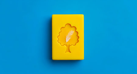 Yellow Rectangular Block With Tree Silhouette And Feather On Blue Background.の素材