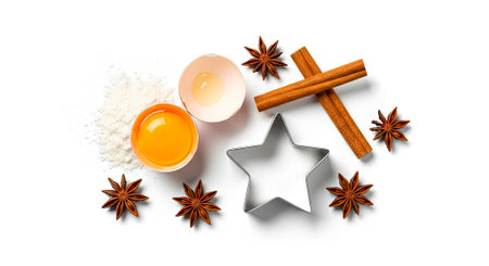Baking Ingredients With Star Cookie Cutter, Egg And Spices On White Background.の素材