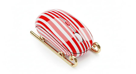 Festive Red Striped Computer Mouse Sleigh with Gold Runners on White Background.の素材