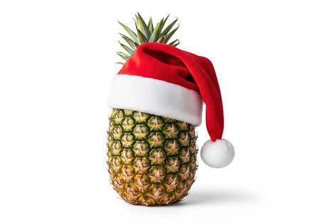 Ripe pineapple fruit wearing plush red Santa Claus hat isolated on white background for tropical holiday concepts.の素材