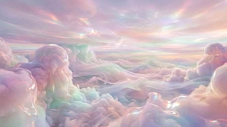 Dreamy Surreal Cloudscape with Iridescent Pastel Colors and Glossy Liquid Textures for Fantasy Backgroundsの素材