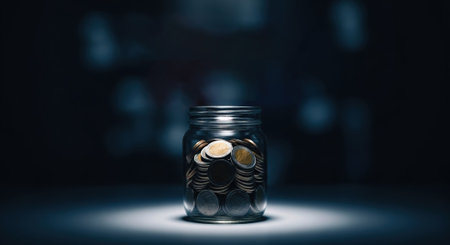 Glass jar filled with coins illuminated by spotlight on dark blue backgroundの素材