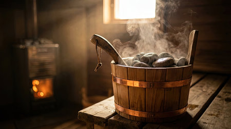 Wooden sauna bucket with hot steaming stones and ladle on a bench in a rustic interiorの素材