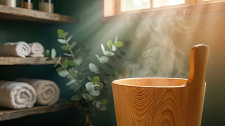 Steaming wooden sauna bucket in a relaxing spa interior with sunlight rays and shelves of white towelsの素材
