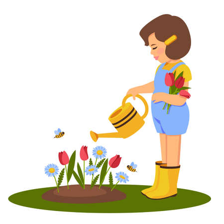 A girl is watering flowers from a watering can.のイラスト素材