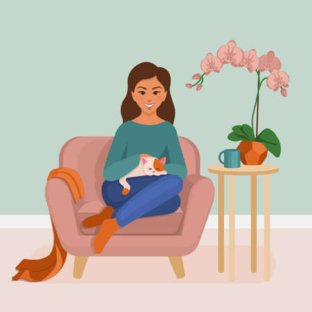 A girl on a chair with a cat.のイラスト素材
