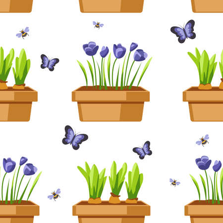 Pattern flowers in pots bumblebees and butterfliesのイラスト素材