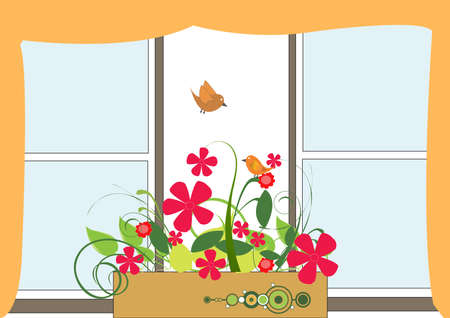 window with pots of flowers and birdsのイラスト素材