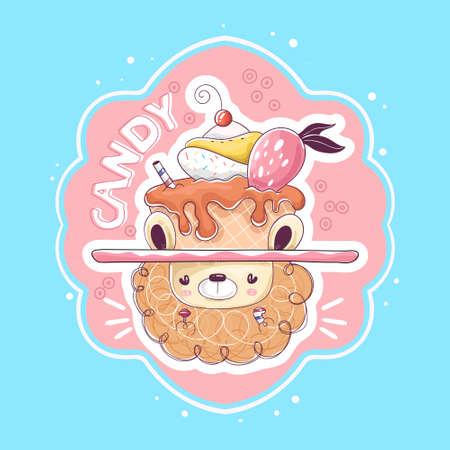 Cute baby lion holding hat with lollipop, candy and cakeのイラスト素材