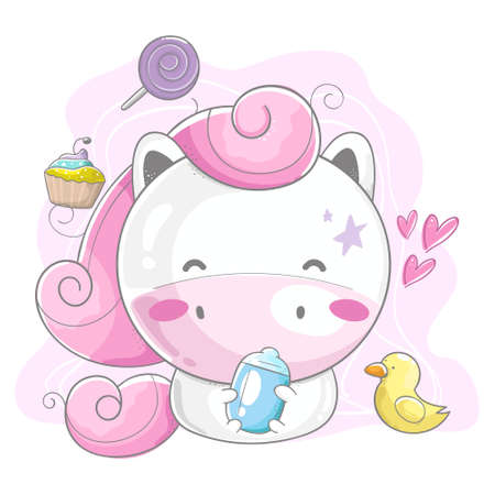 Cute hand drawn unicorn with baby shower elementsのイラスト素材