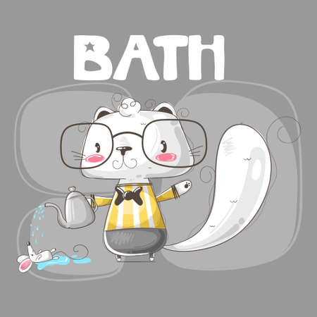 Cute kitten bathing mouse. Idea for t-shirtのイラスト素材