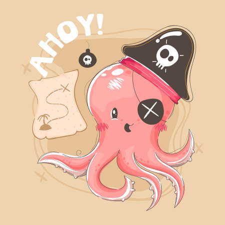 Cute octopus dressed as a pirate. Perfect for t-shirts and patternsのイラスト素材