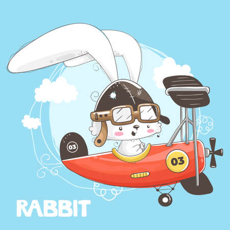 Cute little rabbit flying in airplaneのイラスト素材
