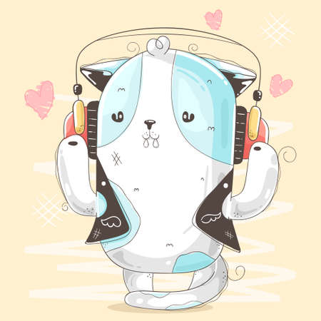 Cute kitten listening music from headphonesのイラスト素材