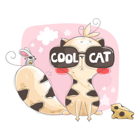 Cute illustration of cool kitty and mouse. Idea for t-shirtのイラスト素材