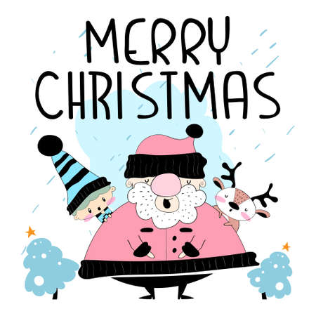 Merry Christmas! Happy Christmas companions. Santa Claus, Reindeer and elf in Christmas snow scene.のイラスト素材