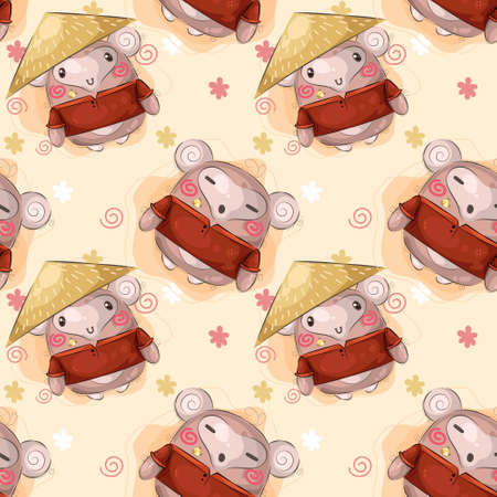 Cute monkey chinese dressed and patternのイラスト素材