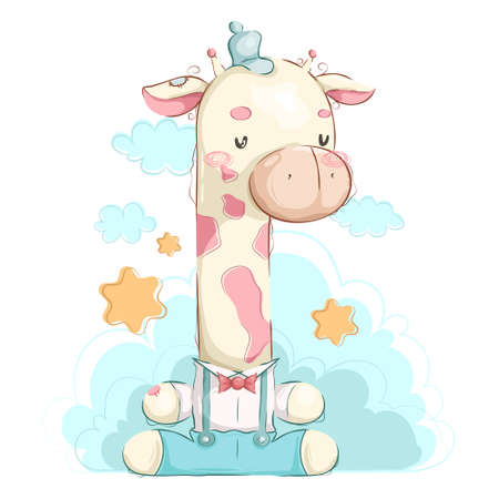 Cute giraffe pattern set, hand draw illustrationのイラスト素材