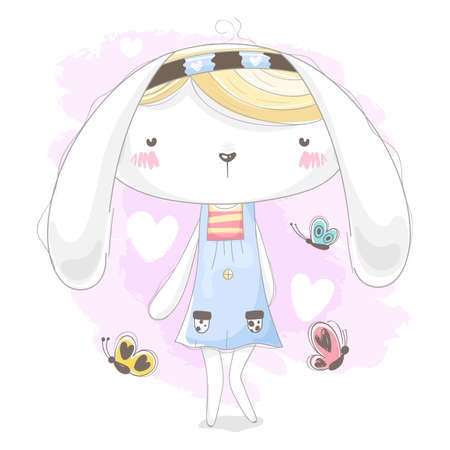 Cute Bunny surrounded by hearts and butterfliesのイラスト素材