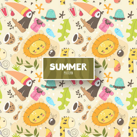 Summer animals and elements patternのイラスト素材