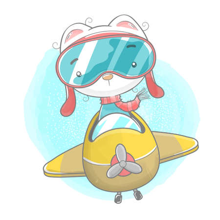 cute kitten riding airplane in watercolorのイラスト素材