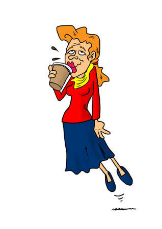 Woman floating while drinking coffeeの写真素材