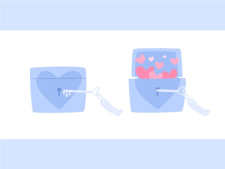 Open box of heart with key, heart in a lock box, Cute box of heart, Abstract picture meaning about love, Love card for Valentine's Day, Picture for wedding, colorful illustration, open your heartのイラスト素材