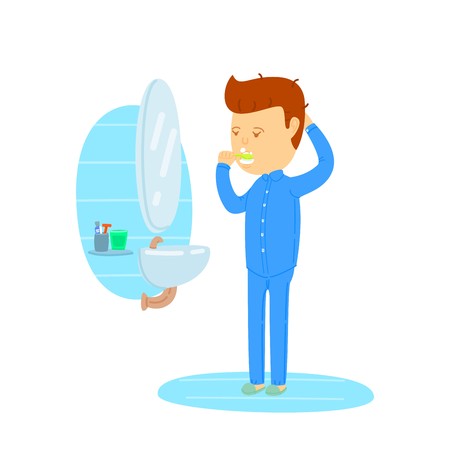 Man In Pajamas Brushing Teeth In Bathroom, Young man brushing teeth on morning, man brushing teeth after wake up, On white background, routine daily illustrationのイラスト素材