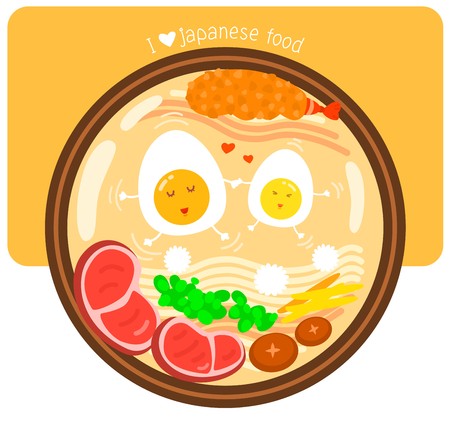 The love for Japanese food illustration with text "I love Japanese food", Abstract picture about The love and Japanese food, Top view of bowl of Ramen noodles with two happy boiled egg characterのイラスト素材