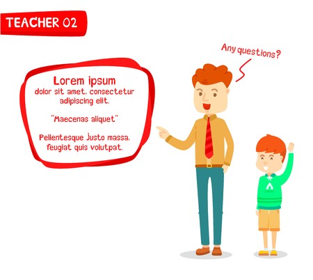 Male teacher teaching student with modern text box, Young men teacher teaching schoolboy, Schoolboy raised hand for ask question to teacher, Male teacher and Schoolboy character talking, Stylizedのイラスト素材