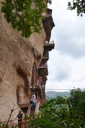 Maijishan Cave-Temple Complex in Tianshui city, Gansu Province China. A mountain with religious caves on the Silk Roadのeditorial素材