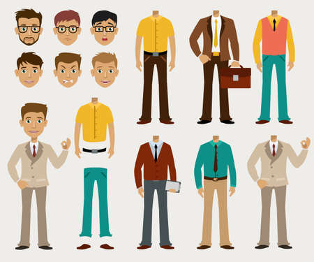 Vector set of details to create a your ideal Businessman in a cardboard cartoon style.のイラスト素材