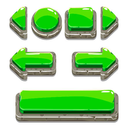 Vector Cartoon green stone buttons for game or web design, gui elements set, gui elements setのイラスト素材