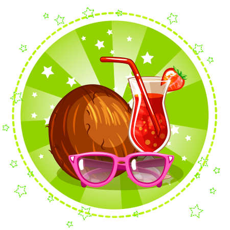 Exotic cocktail, glasses and coconut. Set summer symbols. Vector Stock Illustrationのイラスト素材
