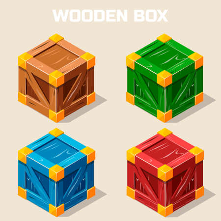 Colored isometric Wooden box icon, game elementのイラスト素材
