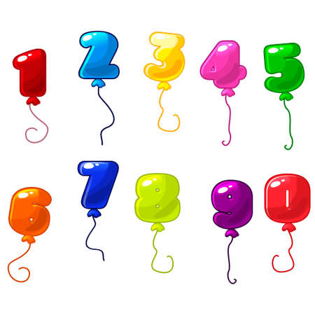 Funny cartoon and colorful balloons number, balloons icons on white backgroundのイラスト素材