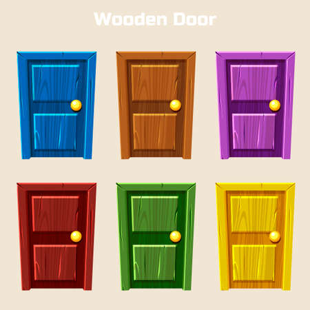 Cartoon Wooden Colorful Door, Home Interior in vectorのイラスト素材
