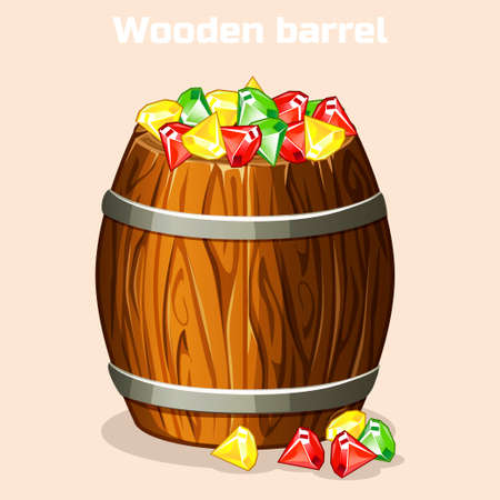 Cartoon wooden barrel full of colorful gems, game elements in vectorのイラスト素材