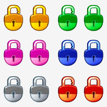 Cartoon colored padlock in vector. Lock and unlockのイラスト素材