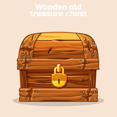 Closed Wooden old antique treasure chest, gold lock, game and UI elementsのイラスト素材