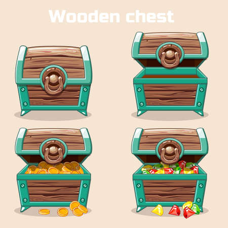 Opened and closed antique treasure chest with coins and diamonds, set icons 2, game and UI elementsのイラスト素材