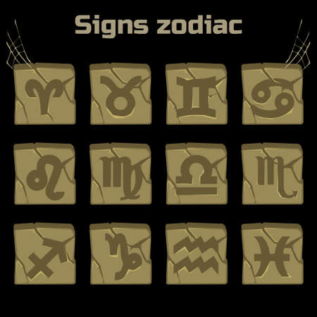 Zodiac signs and a set of badges on old stoneのイラスト素材