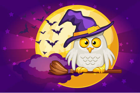 Cartoon owl and moon, set Illustration Happy Halloweenのイラスト素材